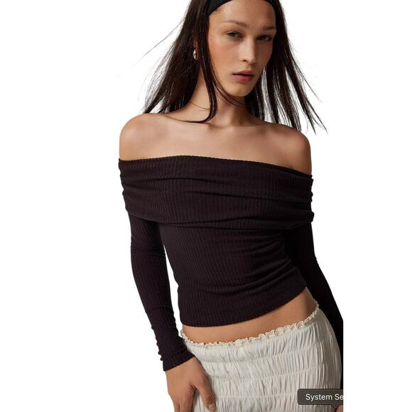 Urban Outfitters Hailey Black Folded Off-The-Shoulder Long Sleeve Top Foldover - Picture 1 of 16